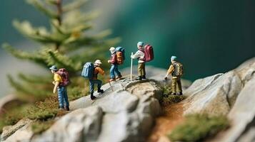 Miniature tourist in mountains. Toy man travels and hikes. Diorama Rest and vacation. Small characters in nature created with Generative AI Technology photo