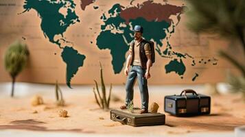 miniatura turista soportes a geográfico mapa. vacaciones de viajero y explorador. concepto para viaje empresa y fin de semana. pequeño juguete hombre creado con generativo ai tecnología foto