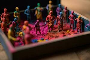 Indian holiday holi diorama. Miniature Colored people with paints celebrate the Hindu beginning of spring. Bright colorful concept created with Generative AI Technology photo