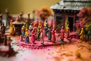 Indian holiday holi diorama. Miniature Colored people with paints celebrate the Hindu beginning of spring. Bright colorful concept created with Generative AI Technology photo