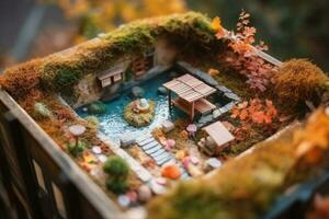 Diorama of Japanese garden. Hot spring, toy holiday home. Miniature of Japanese resort created with Generative AI Technology photo