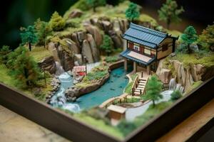 Diorama of Japanese garden. Hot spring, toy holiday home. Miniature of Japanese resort created with Generative AI Technology photo