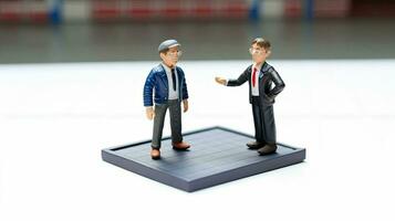 Young businessmen and financial negotiations. Small toy group of people in miniature style. Business team concept created with Generative AI Technology photo