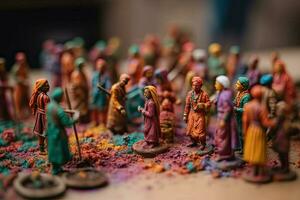 Indian holiday holi diorama. Miniature Colored people with paints celebrate the Hindu beginning of spring. Bright colorful concept created with Generative AI Technology photo