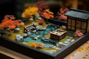 Diorama of Japanese garden. Hot spring, toy holiday home. Miniature of Japanese resort created with Generative AI Technology photo