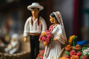 Español o mexicano Boda en miniatura estilo. dos amantes en hermosa Boda vestidos. pequeño juguete marido y esposa. concepto de amar, romance creado con generativo ai tecnología foto