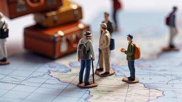 miniatura turistas estar en mundo mapa. grupo de pequeño juguete viajeros. concepto de viajar, recreación y vacaciones creado con generativo ai tecnología foto