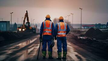 Two workers, rear view, on a construction site. Engineers in protective uniforms and helmets at work. Road construction and repair, created with Generative AI Technology photo