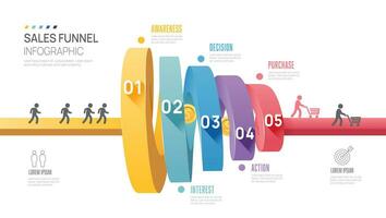 Infographic Sales funnel diagram template for business. Modern  Timeline 5 step level, digital marketing data, presentation vector infographics.