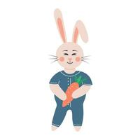 Cute rabbit with carrot. Easter bunny boy in clothes. Cartoon forest character. vector