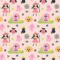 Cute pink seamless pattern with witch, ghosts, cat, grave, pumpkin, owl, spider on web and candies. Pastel halloween print for wrapping and textile. vector