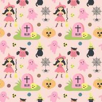 Cute pink seamless pattern with witch, ghosts, cat, grave, pumpkin, owl, spider on web and candies. Pastel halloween print for wrapping and textile. vector