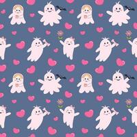 Cute pink halloween ghosts and hearts seamless pattern. Pastel glamour print for wrapping and textile. vector