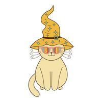 maravilloso Víspera de Todos los Santos gato en arco iris lentes y bruja sombrero. psicodélico hippie personaje. vector