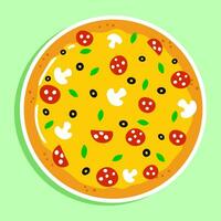 Pizza pegatina personaje. vector mano dibujado dibujos animados kawaii personaje ilustración icono. aislado en verde antecedentes. Pizza personaje concepto