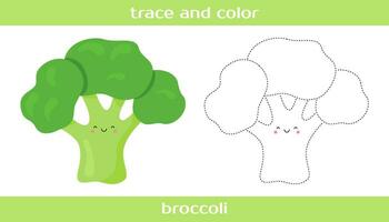 Educational worksheet Trace and color cute kawaii broccoli. vector