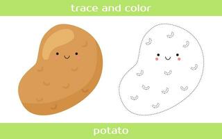 Educational worksheet Trace and color cute kawaii potato. vector