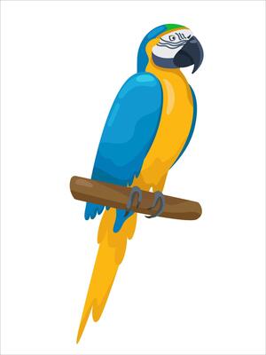 Bright macaw. Cartoon funny ara parrot sitting on a branch. Flat colorful exotic bird. Vector illustration on white background. Good for T-shirts, posters, book covers, banners