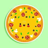 Pizza sticker character. Vector hand drawn cartoon kawaii character illustration icon. Isolated on green background. Pizza character concept