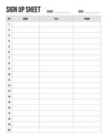 Sign Up Sheet Printable, template or event planning vector