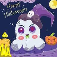 Cute Ghost with Pumpkin Candle Hat on Halloween Night vector