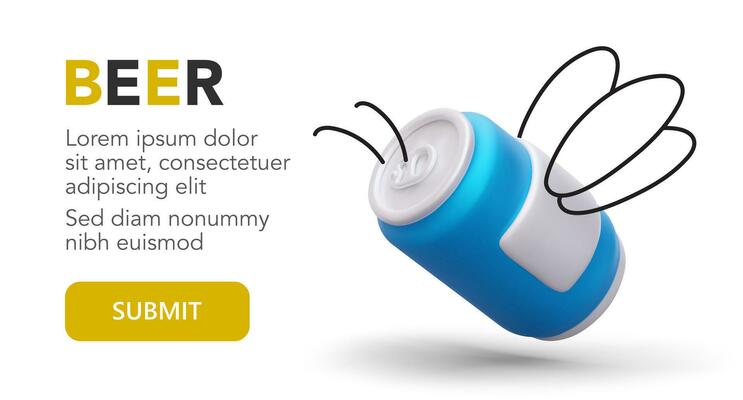 Can with painted bee wings. 3D symbol of natural product. Honey beer