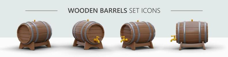 3D set of beer barrels. Wooden barrels with taps, on stands vector