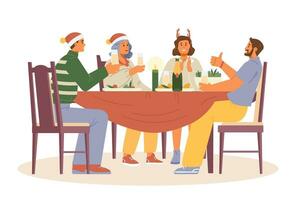 Christmas party at home flat vector illustration. Friends at dinner table with glasses of champagne laughing and making a toast.