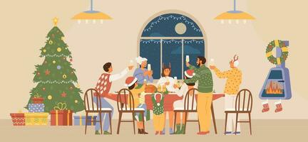 familia Navidad fiesta a hogar plano vector ilustración. personas en Navidad atuendo a cena mesa con lentes de champán riendo y haciendo un tostada.