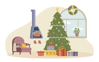 Christmas morning interior flat vector illustration. Decorated Christmas tree with present boxes near fireplace with stockings.