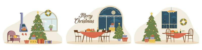 Christmas interiors with no people flat vector illustrations set. Cozy home interiors with Christmas decorations.