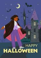 Happy Halloween greeting card with african american boy in Dracula costume standing in front of creepy old castle. Kids Halloween party flyer with night background. vector