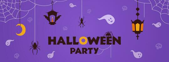 Halloween party invitation vector banner. Halloween horizontal banner with ghosts, lanterns and spider web.