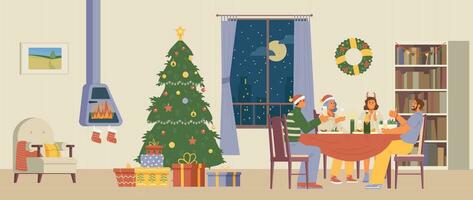 Navidad fiesta a hogar plano vector ilustración. amigos a cena mesa con lentes de champán riendo en acogedor vivo habitación con Navidad decoraciones