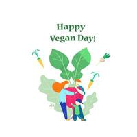 internacional vegano día vector ilustración. familia abrazando grande rábano. sano estilo de vida y vegetariano comiendo. vegano familia. departamento.