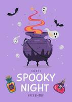 Halloween spooky night party invitation with vector illustrations. Witch cauldron with potion, ghosts and bets flying around.