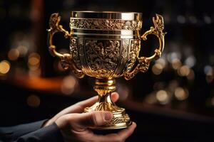 Gilded Excellence Hand Adorned with Gold Cup Trophy Sculpted by Generative AI photo