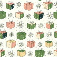 Seamless pattern with cartoon gifts, boxes and snowflakes, Christmas background vector