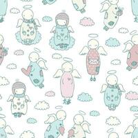 Seamless pattern with angels in the sky with clouds and hearts, cartoon illustration vector