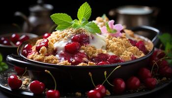 frescura y dulzura en un de madera mesa, hecho en casa baya postre generado por ai foto