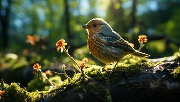 tranquilo gorrión encaramado en rama, rodeado por natural belleza generado por ai foto