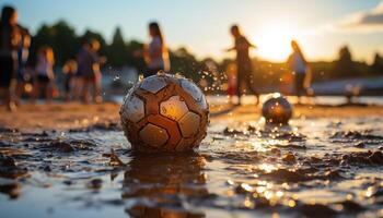 Men and women playing soccer at sunset, enjoying nature competitive fun generated by AI photo