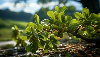 Tranquil scene  nature beauty in green, fresh growth and sunlight generated by AI photo