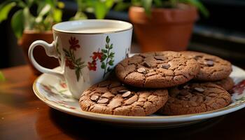 Freshly baked chocolate chip cookies on a wooden table with coffee generated by AI photo