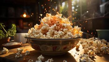 Fresh gourmet snack on wooden table, perfect for movie night generated by AI photo