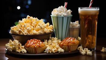 Indulgence in gourmet candy, soda, and sweet food at movie theater generated by AI photo