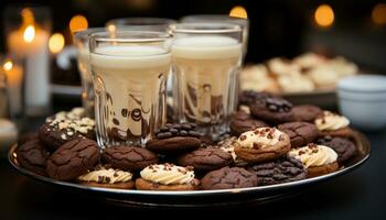 Indulgent dessert  homemade chocolate chip cookie, creamy milk, gourmet coffee generated by AI photo