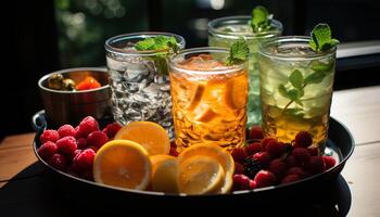 Freshness of summer in a fruity cocktail on a wooden table generated by AI photo