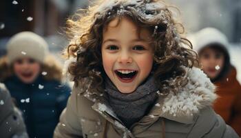 Smiling winter girl in warm clothing enjoys playful snow fun generated by AI photo