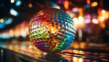 Shiny disco ball illuminates vibrant nightclub, glowing with fun generated by AI photo